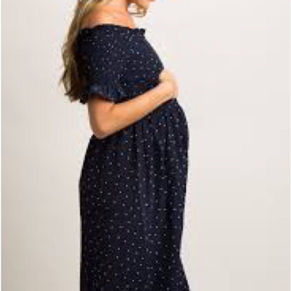 Pinkblush Navy Polka Dot Off-Shoulder Maternity Dress
